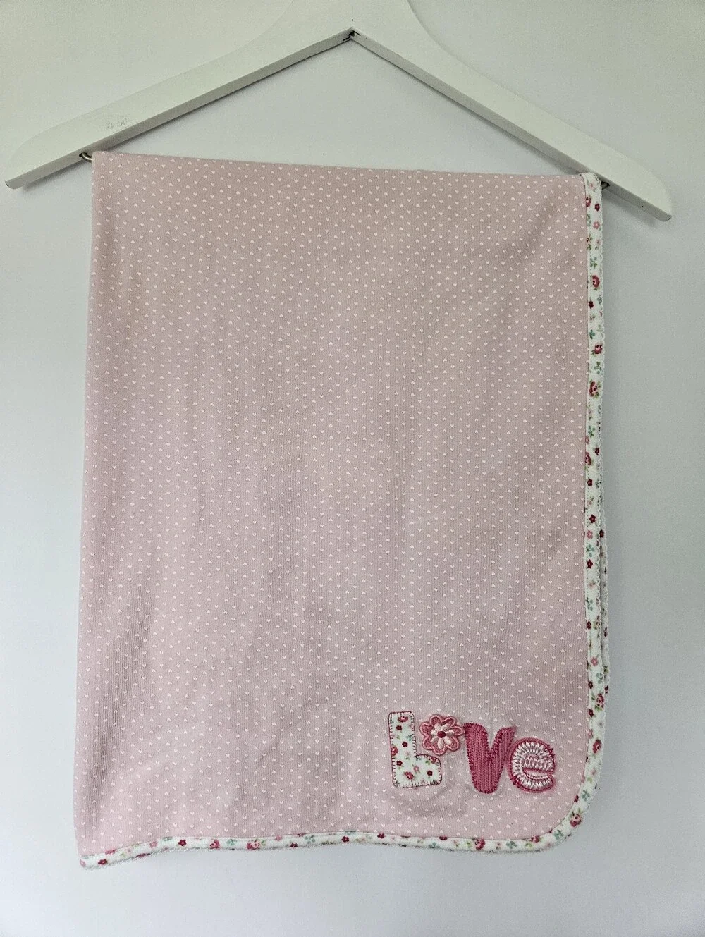 Vintage Carters Cotton Baby Blanket Love Applique Pink With Floral Back